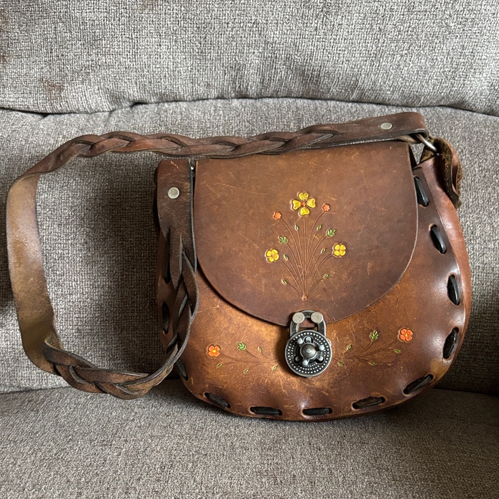 Vintage Brown Leather Floral Women Shoulder Bag